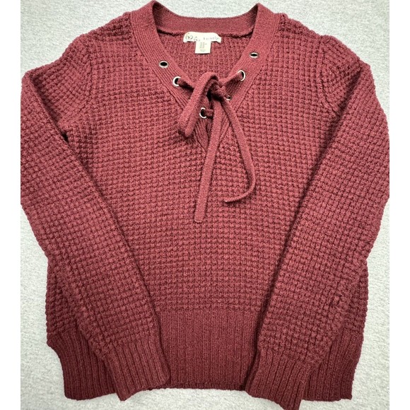 Anthropologie Kaisely Sweater Womens XS Burgundy Sweater Waffle Knit Laces - Picture 1 of 8